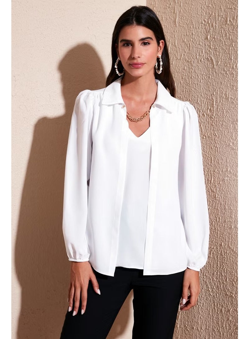 Lela Regular Fit V-Neck Balloon Sleeve Blouse Women's Blouse 611BZ0353 - Image 1